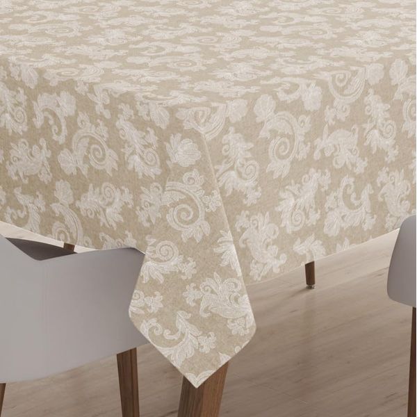 Encasa 8 to 10 Seater Dining Table Cloth 145x300 cm (57x118 in) I Floral Beige Jacquard Style Print on Chambray Homespun Cotton I for Family Gatherings, Parties I Washable