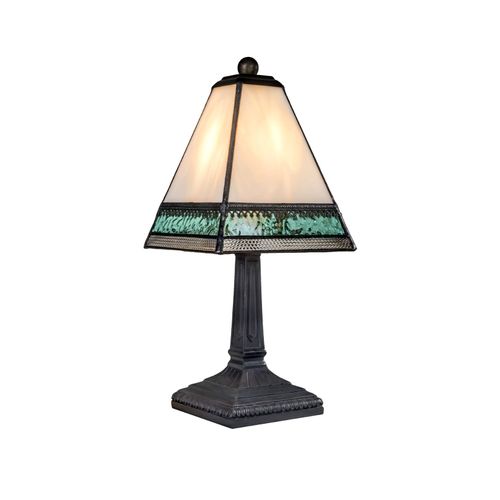 J Devlin Lam 696 TB Small Tiffany Style Stained Glass Miniature Table Lamp Ivory Aqua Blue and Clear with Filigree