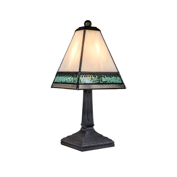 J Devlin Lam 696 TB Small Tiffany Style Stained Glass Miniature Table Lamp Ivory Aqua Blue and Clear with Filigree