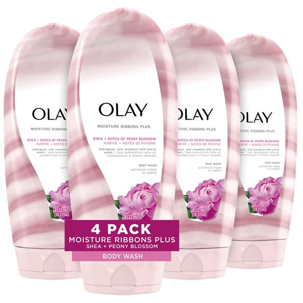 Olay Body Wash, Moisture Ribbons Plus Shea + Peony Blossom Body Wash, 18 fl oz (Pack of 4)