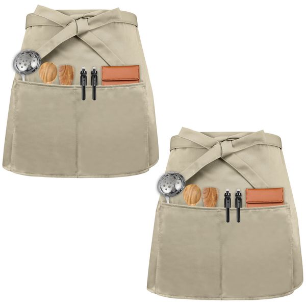 Waist Apron Front Ties 2 Pcs Waiter Apron Waist Apron with 3 Pockets Baking Apron Waist Aprons Cooking Apron for Bistro Restaurant Hotel Cafe Chef Waiter Cleaning Painting Gardening (Beige)