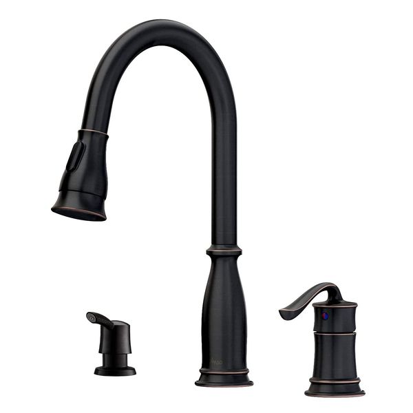 APPASO 3 Hole Pull Down Kitchen Faucet with Sprayer Oil Rubbed Bronze, 3 Pieces Pull Out Kitchen Sink Faucet with Side Single Handle with Soap Dispenser, Antique Bronze, APS218ORB