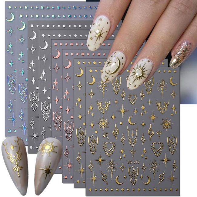 8Sheets Metallic Stars Nail Art Stickers 3D Self-Adhesive Shiny Laser Gold Silver Sun Stars Moon Nail Decals Holographic Laser Glitter Nail Stickers for Women DIY Nail Decorations