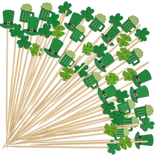 KIMOBER 200Pcs St. Patrick's Day Cocktail Picks,4.7 Inch Green Shamrock Clovers Hat Beer Bamboo Toothpicks Picks for Appetizers Fruit Food Sticks