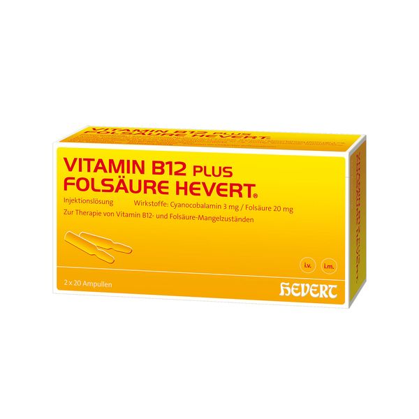 Vitamin B12 Plus Folic Acid Hevert for Therapy and Prophylaxis of Folic Acid and Vitamin B12 Deficiency, Pack of 40 Ampoules
