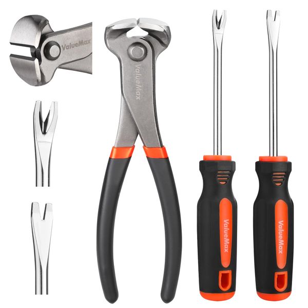 ValueMax 3-Piece End Cutting Pliers and Nail Pullers Set | 185mm End Nippers for Pulling and Cutting Nails | 2-Piece Magnetizable Tack Lifter with Straight V Tip and Bend V Tip for Easy Nail Removal