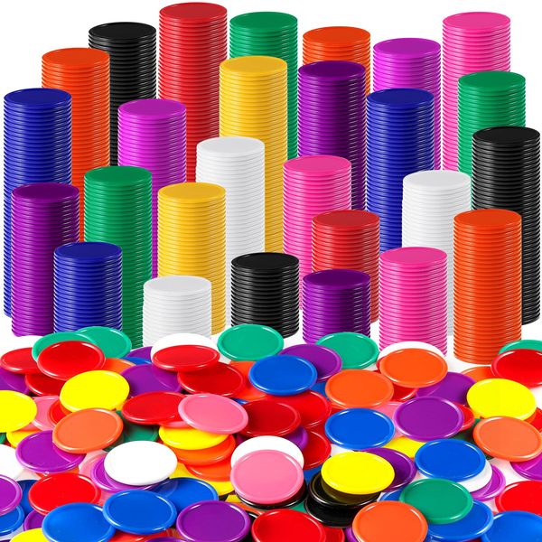 Coopay 1200 Pieces 1 Inch Bingo Chips Bulk, 10 Colors Bingo Markers for Math Practice, Plastic Learning Counters Disks Counting Discs, Poker Chips Game Tokens Kids Reward (Style 2)