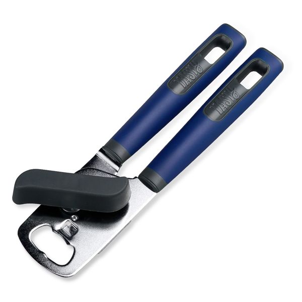 Tasty Everyday 2 in 1 Can Opener with Built-in Bottle Opener, Metal Can and Jar Opener, Kitchen Utensil, Robust Tin Opener with Sturdy and Soft-Touch Handles, Colour: Dark Blue, Grey & Silver