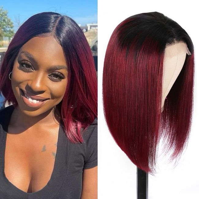 DÉBUT Short Bob Wigs 1B Burgundy Lace Front Wigs Human Hair Middle Part Wigs Brazilian Virgin Straight Hair 13x4x1 T Part Wigs for Black Women 1B/99J 8 Inches