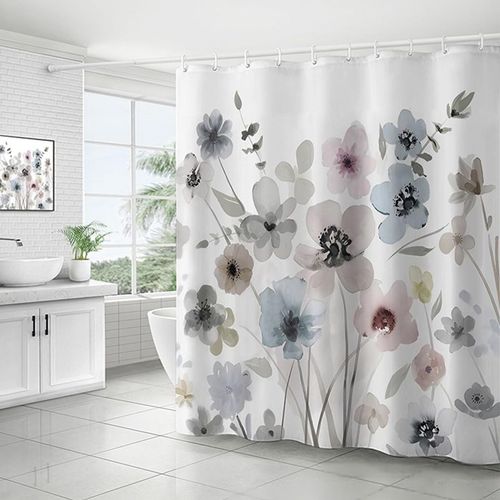Aqrbeci Grey Blue and Pink Floral Shower Curtain, Watercolor Flower Shower Curtains for Bathroom Elegant Floral Waterproof Fabric Bathroom Curtains 72x72 Inch with 12 Plastic Hooks