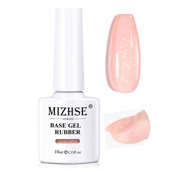 MIZHSE Rubber Base Gel for Nails, Nude Glitter Rubber Base Gel Nude Gel Polish Shimmer Gel Nail Polish Nail Strengthener Soak Off U V Gel Polish for Nail Salon Home Manicure