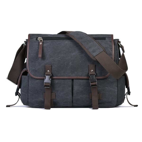 Vintage Canvas 15.6 inch Laptop Messenger Bag for Men Women, College Computer Satchel Shoulder Bag Travel Work Office Briefcases (Black)