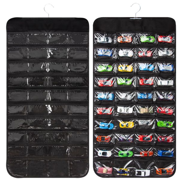 JOYMOMO Hanging Organizers for Toy Cars Double Sided 80 Pockets Display Case for Toy Cars (Without Toy Cars) (80 Slots Black)