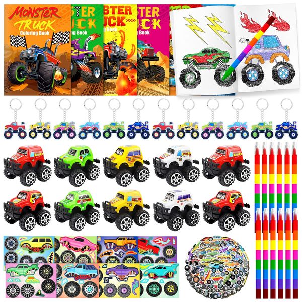 110PCS Monster Truck Party Favors,Monster Truck Coloring Books and Eight Color Crayons,Keychains Pull Back Cars Stickers For Kids