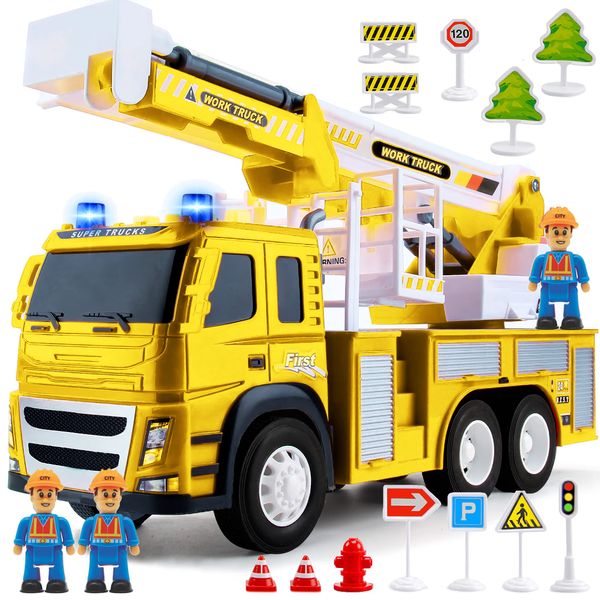 Toy Rescue Fire Truck 1:12 Scale | Big Utility Bucket w/Lights Sounds+ 3 City Construction Workers and More Accessories, Toy Bucket Truck Rescue Utility Truck Toy for Kids Ages 3, 4, 5, 6, 7+