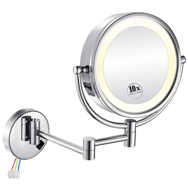 GURUN Wall Mounted Hardwired Makeup Mirror with 3 Tones LED Lights 10x Magnifying Mirror for Bathroom Bedroom 13" Extendable Arm Direct Wire M1809D(10x,Chrome)
