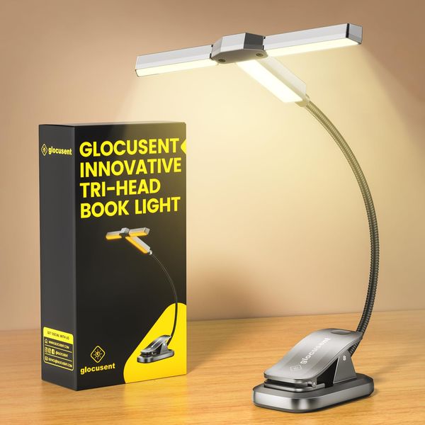 Glocusent Tri-Head Book Light for Reading at Night, 1000mAh Rechargeable Reading Light with 30-Min Timer, 10-100Hrs, 3 Colors & 5 Brightness Levels, Partner Friendly, Perfect for Book Lovers