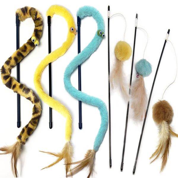 GingerUPer Cat Toy,Cat Feather Toys,Cat Teaser Wand and Cat Rainbow Wand, Interactive Cat Toys for Indoor Cats Adult Kitten(6 Pack)