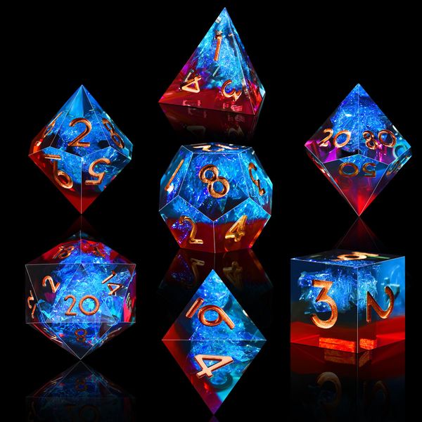 SIQUK 7-Die Polyhedral Dice for DND Handmade Sharp Edge Game Dice for Dungeons and Dragons RPG MTG Table Games (Flame Red & Ice Blue)