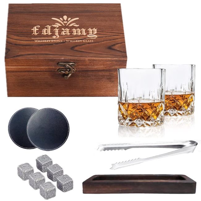 Yoseka Present, Men's Birthday, Rock Glass, 10.1 fl oz (300 ml) Whiskey, Set of 2, Includes Whiskey Stone, Comes in a Wooden Box, Gift for Men for Retirement, Promotion, New Construction, Opening, Marriage, Celebration, Wedding Anniversary, Birthday Gift 