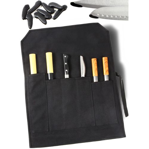 P&C Kitchen Knife Case, Cloth Wrap, Knife Holder, Portable, Knife Storage, Canvas, Camping, Outdoors, 10.6 inches (27 cm), Black