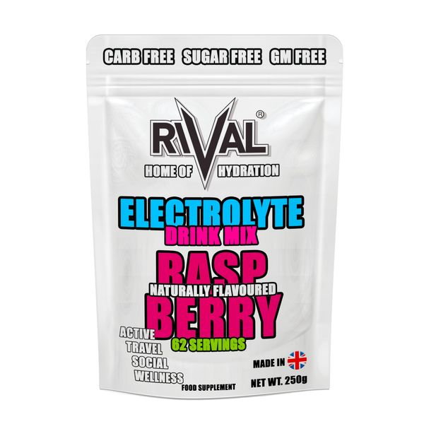 Rival Electrolyte Powder 250g Rapid Rehydration Naturally Flavoured, Sugar Free, Zero Carbs, Vegan, Keto Friendly - 62 Servings Made in The UK | Raspberry