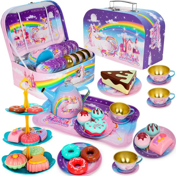 KMUYSL Tea Party Set for Little Girls, Kitchen Pretend Toy for Kids 3 4 5 6 Year Old, Girls Toys with Tin Tea Set, Desserts & Carrying Case, Christmas Easter Gift for Girls