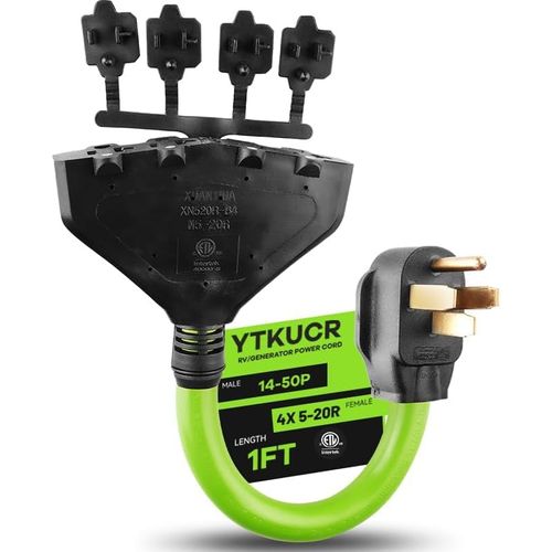 50 Amp to 110 Adapter RV Cord, 50 Amp to 20 Amp RV Distribution Adapter Cord, NEMA 14-50P Male to 4X 5-15R/5-20R Household Outlet Female with Dust Protection Caps,STW 10 AWG(1 FT), Green, ETL Listed