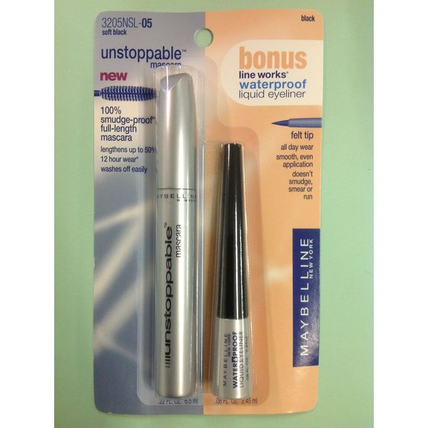 MAYBELLINE UNSTOPPABLE MASCARA SOFT BLACK WITH BONUS LIQUID EYELINER NEW.