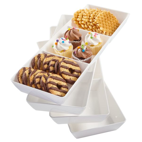 US Acrylic Avant White Plastic Divided Serving Trays (Set of 4) 15” x 5” | Narrow Reusable 3-Section Party Platters | Serve Appetizers, Fruit, Veggies, & Desserts | BPA-Free & Made in USA