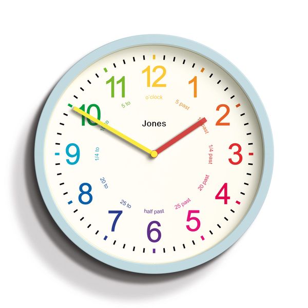 Jones Clocks® Kids Clock - Time Teaching Clock - Learn To Tell the Time Clock - Kids Wall Clock - Childrens Clocks for Bedrooms - Analogue Clock for Kids - Childrens Clock (Light Blue)