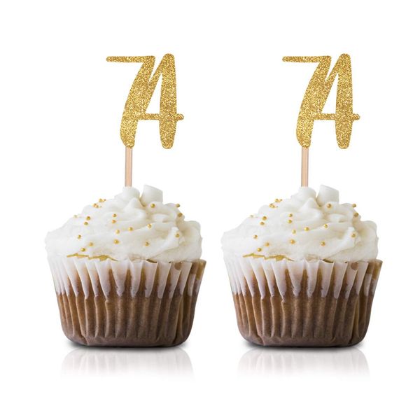 Gold Happy 74th Birthday Cupcake Topper, 24-Pack Number 74 Glitter Birthday Party Cupcake Toppers, Decorations