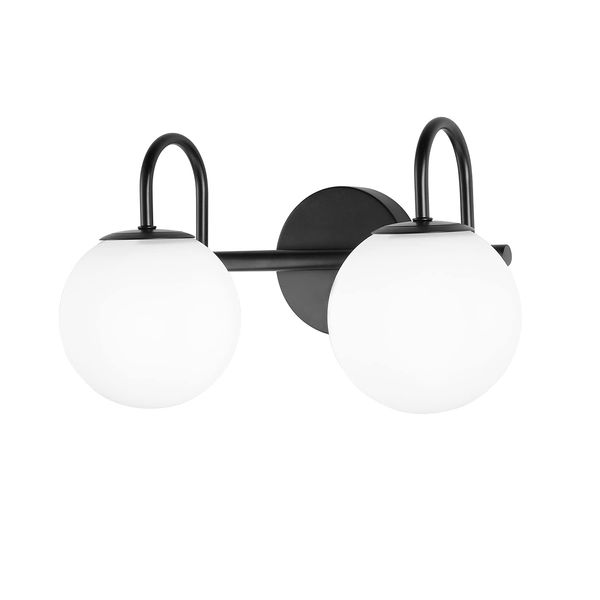 ZHUOER Mid Century Modern Vanity Lights for Bathroom, Black Metal Frame and Milk White Frosted Glass Globe, 2 Lights, Wall Sconce, 7.09"L x 7.09"W x 14.17"H