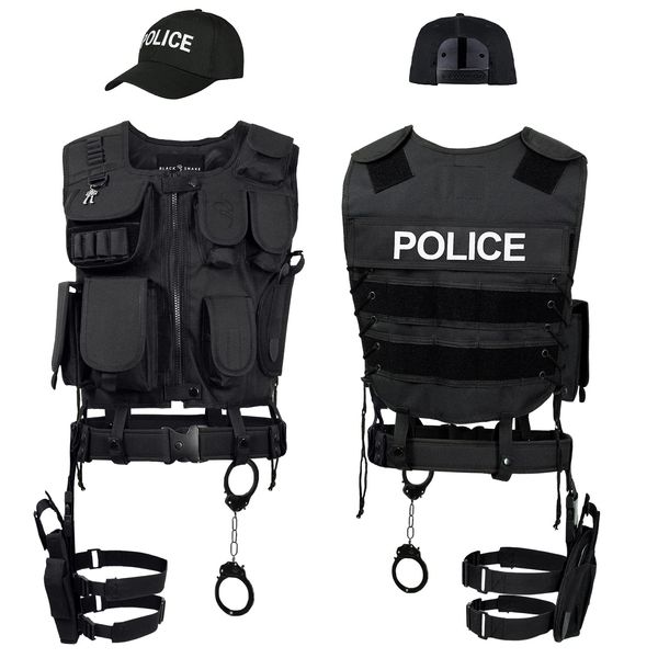 Black Snake® SWAT FBI Police Security Kostüm inkl. Einsatzweste, Pistolenholster, Gürtel, Handschellen und Baseball Cap - XS/S - POLICE