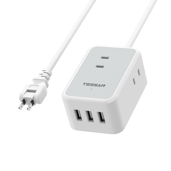 Extension Cord, 6.6 ft (2 m), Power Strip, TESSAN Outlet Tap, Extension Cord with USB Included, 3 AC Outlets, 3 USB-A Ports, Octopus Outlets, Branching, Table Tap, Swing Plug, Oa Tap, Wall Mounted, Tabletop, Small, Lightweight, Business Trip/Travel