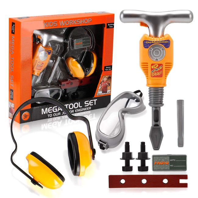 Liberty Imports Junior Engineer Jackhammer Toy Construction Tool Drill with Earmuffs, Safety Goggles, and Accessories