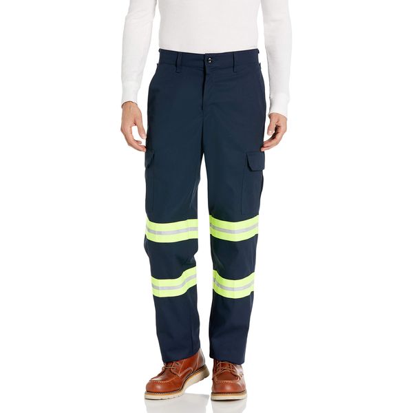 Red Kap Men's Enhanced Visibility Industrial Cargo Pant, Navy Fluorescent Yellow Trim, 34W x 32L