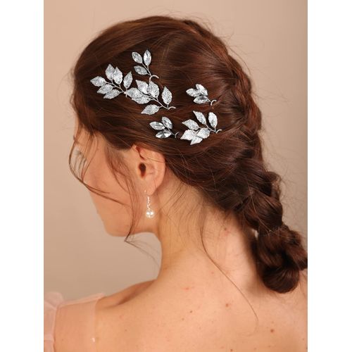 Deniferymakeup 6PCS Wedding Bridal Gold Leaf Hair Pins Set Crystal Hair Pins Crystal Hair Piece Wedding Hair Accessory for Brides Bridesmaid (Silver)
