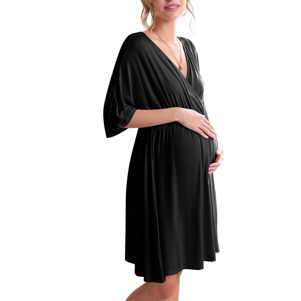 Ekouaer 3 in 1 Labor/Delivery/Hospital Gown Maternity Dress Nursing Nightgown Sleepwear for Breastfeeding V Neck Short Sleeve Nightshirt Sleeping Dress, Black, Medium