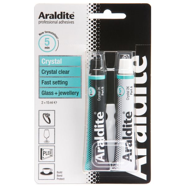 Araldite 2-Part Crystal Epoxy Resin Glue Clear Epoxy Resin Kit for Use as Ceramic Glue, Plastic Glue, Metal Glue and Glass Glue For Durable Bonding & Repairs 2 x 15ml,packaging may vary