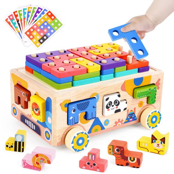 ATOYUS Montessori Toys for 2 3 Year Old Toddler, Wooden Building Blocks Educational Toys Kids, Animals Shape Sorting Stacking Learning Toys for Toddlers, Christmas Birthday Gifts for Girls Boys