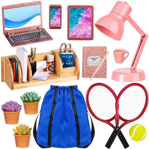 Mini School Supplies, Doll School Supplies Includes Mini Doll Tennis Racket, Laptop, Bookshelf, Tablet, Desk lamp for Dolls Accessories Set