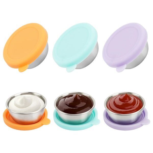 Dewocke 3PCS Lebensmittelbehälter Set, Kleine Salatdressing Behälter, Saucen Behälter, 50ml Edelstahl Gewürzbehälter mit Silikondeckel, Soßenbehälter Mini für Snack, Dips, Salat, Gewürze
