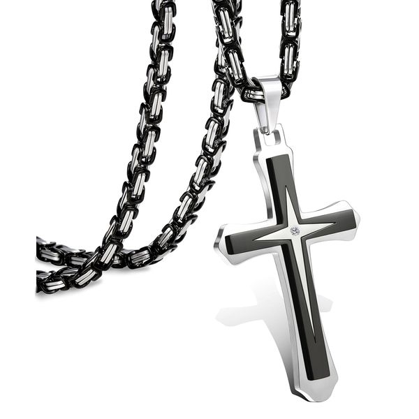 LOLIAS Black Cross Necklace for Men Stainless Steel Byzantine Chain With Cross Pendant Necklace Mens Gift 24Inch