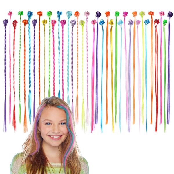 Aomig Haarsträhnen Kinder, 36 Stück Haarschmuck Mädchen, Farbige Haarverlängerung Haarsträhnen Zum Einflechten, Bunte Haarsträhnen Kinder Mit Haarclips, Haarsträhnen Zum Einklipsen Für Party Festival