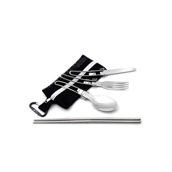 UJack Foldable Single Stainless Steel Cutlery, Mesh Type, Storage Bag, Fork, Spoon, Knife, Connected Chopsticks, Carabiner, Set of 6