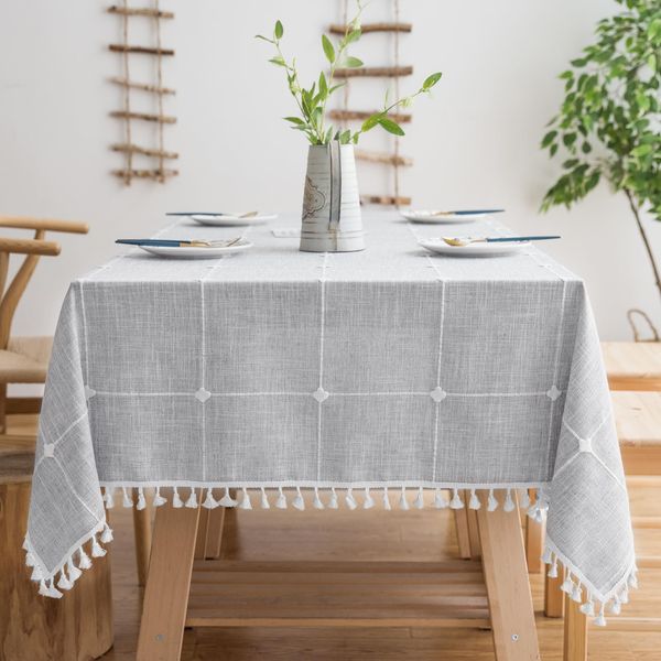 Oubonun Cotton Linen Rectangular Table Cloth, Wrinkle Resistant, Waterproof Tablecloth, Washable Farmhouse Table Cover with Tassels for Kitchen Dining Party, 55''x70'', 4-6 Seats, Grey