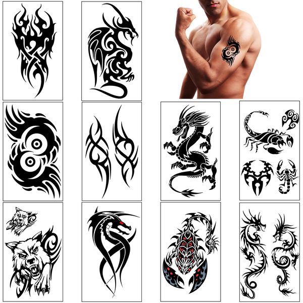 ELANE 10 Sheet Realistic Temporary Tattoos Adult,Tramp Stamp Temporary Tattoo Temporary Tribal Tattoos for Men，Large Fake Tattoos for Men