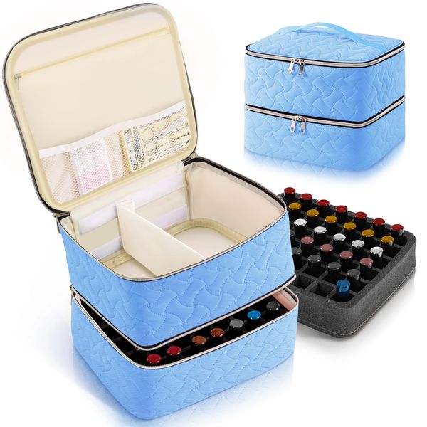 Nail Polish Organizer Case Holds 42 Bottles (15ml/0.5 fl.oz), Double-Layer Nail Polish Storage with Adjustable Dividers, Portable Nail Polish Bag for Nail Gel Nail Lamp and Manicure Tools, Light Blue