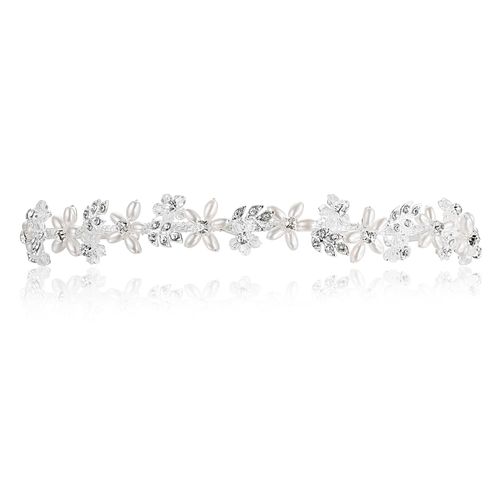 Handmade Pearl Flower Crystal Leaf Headband Tiara - Silver Plated T773